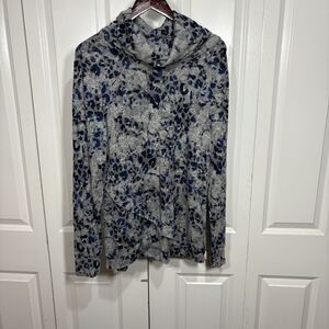 Peace and Pearl Womens L Gray Blue Animal Print Cowl Neck Sweater Boho Cozy